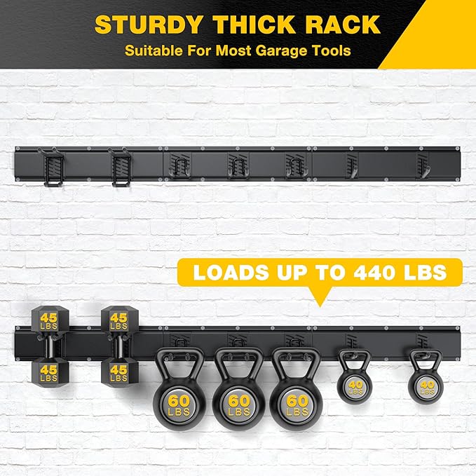 Garage Tool Organizer Wall Mount with 48 inches Rails and 7 Adjustable Heavy-Duty Hooks, Garden Tool Organizer, 10 Pack Carries 440 lbs, Heavy Duty Garage Storage Rack For Yard, Shed, Easy to install