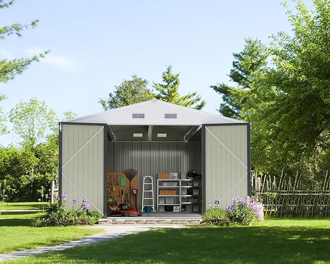 Greesum 10x10FT Outdoor Storage Shed, Utility Tool Shed Metal Storage Shed with Door & Lock for Patio Storage, Garden, Lawn, Gray