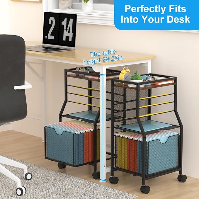 Rolling File Cart, 6-Tier Desk File Organizer on Lockable Wheels, Brown Wood Planks & Mesh Sliding Hanging Folder Drawer, Organization Cart for Office Home School