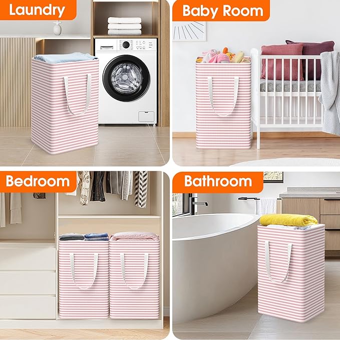 3 Pack Large Laundry Basket,Waterproof & Freestanding Laundry Hamper,Collapsible Clothes Hampers with Easy Carry Long & Reinforced Handles in Bathroom,College Dorm(125Lx3,Pink)