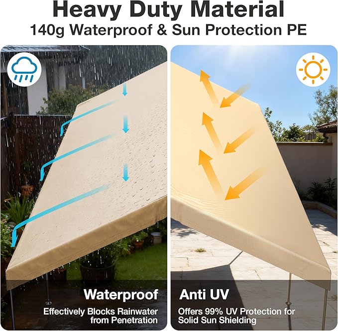 10x20 FT Carport Replacement Canopy Top Upgraded Car Port Canopy Cover for Carport Party Tent Waterproof & UV Protected, Easy Installation with Ball Bungees, Beige (Top Cover Only, Frame Not Included)