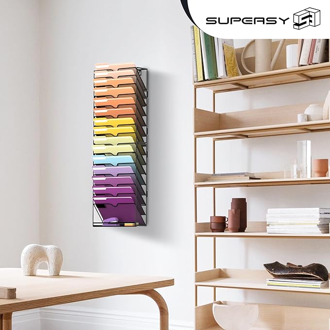 SUPEASY 16-Tier Hanging Wall File Holder Organizer for Papers, Folders, Files Clipboard & Magazine Organization Great for Office Home, Assembly Needed, Black