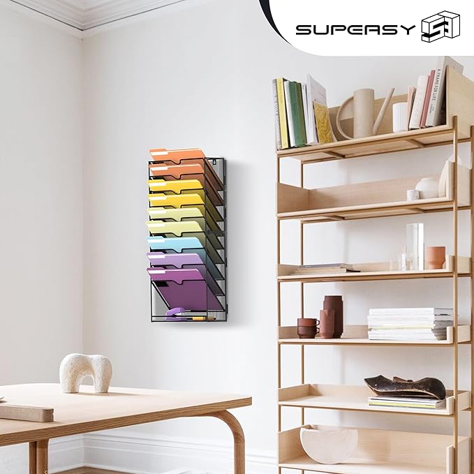 SUPEASY 10Tier Hanging Wall File Holder Organizer for Papers, Folders, Files Clipboard & Magazine Organization Great for Office Home, Assembly Needed, Black