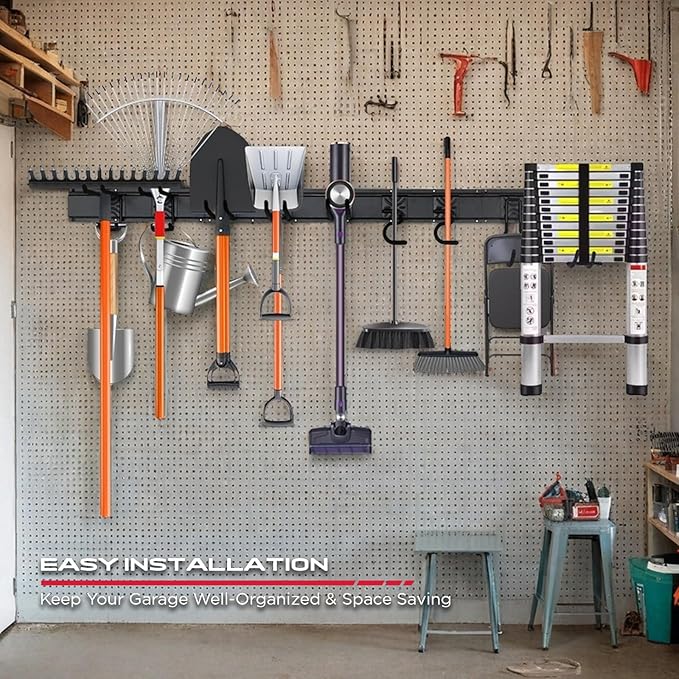 SEDY 64" Heavy Duty Garage Storage Tool Organizer Wall Mount - Tool Rack with Adjustable Hooks, Anti-Rust, 300lbs Capacity - Easy Installation (10 Hooks, 4 Rails, 3 Straps)