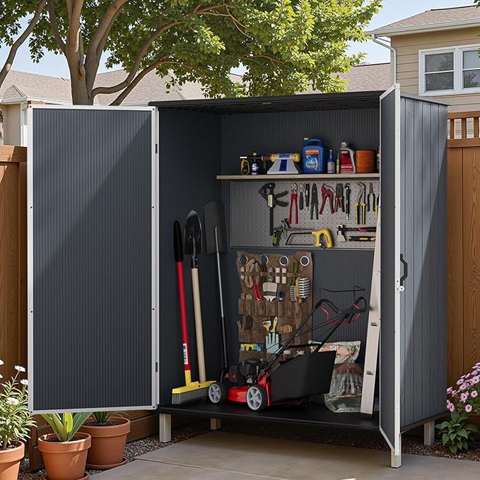 Patiowell Plastic Outdoor Storage Shed with Floor, 5 x 3 FT Patio Outdoor Storage Cabinet with Stable Roof & Lockable Doors, Waterproof Resin Shed for Tools, Patio Furnitrue Accessories, Dark Gray