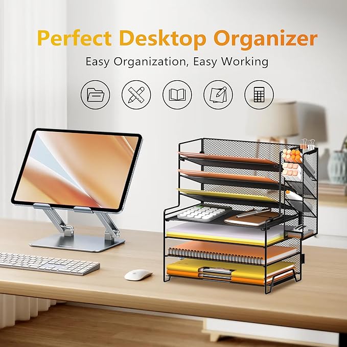 SUPEASY 7 Tier Desk Organizer, 4 Tier Paper Organizer + 3 Tier File Holder with Pen Holder, Desk Organization and Storage for Home Office, Black