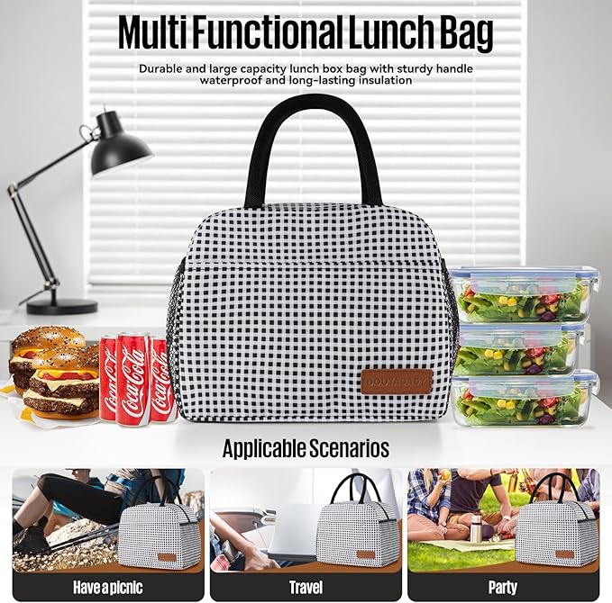 Lunch Bag Women/Men Lunch Box Women/Men (Black+White Grid)
