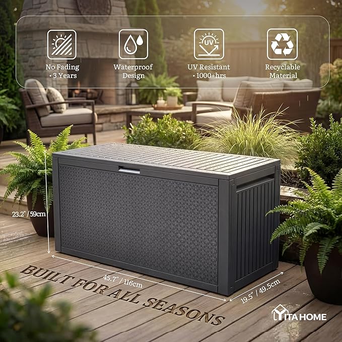YITAHOME 90 Gallon Outdoor Deck Box, Lockable Resin Deck Box with Handles, Outdoor Storage Box for Patio Furniture, Garden Tools, Waterproof & UV Resistant, Dark Grey