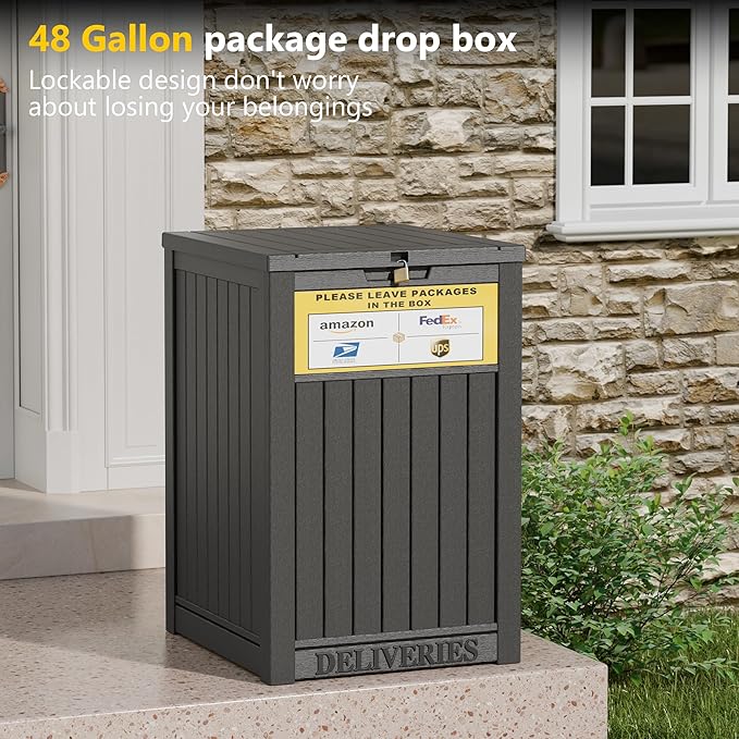 Package Delivery Box for Outside, with Delivery Sign 48 Gallon Storage with Lockable Secure, Large Resin Outdoor Package Drop Container
