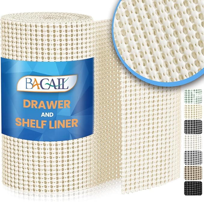 BAGAIL Drawer and Shelf Liner, 17.5 in X 20 Ft Non-Adhesive Shelf Liners for Kitchen Cabinets, Thick Strong Grip Liners for Desk, Shelves, Bathroom Drawers, Cabinet Protection - Cream