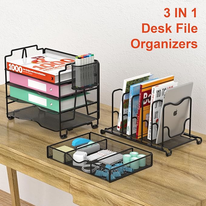 Mesh Desk Organizer, 3-IN-1 Desktop Organizer with 4 Tier Tray and 5 Upright Sections, File Organizer for Desk with Sliding Drawer, Black