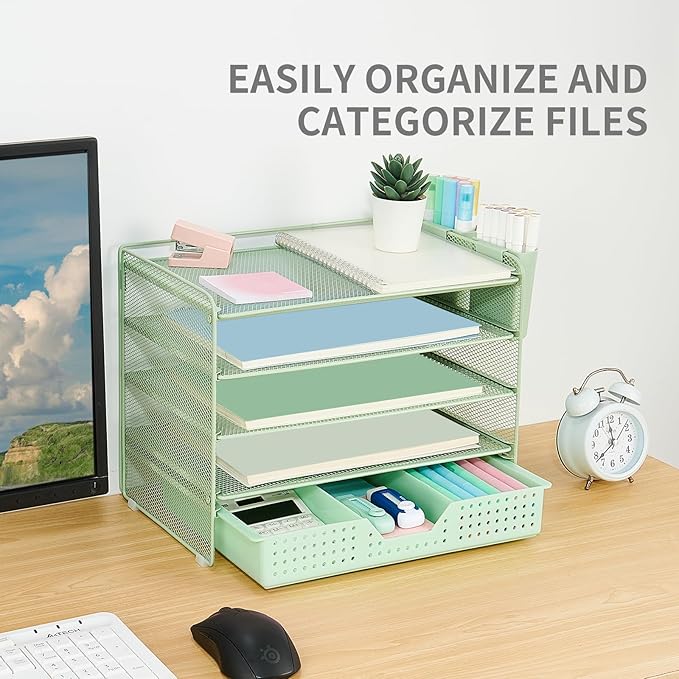 Desk Organizers and Accessories, 5-Tier Paper Letter Tray Organizer with Drawer & 2 Pen Holders, Desktop Organizer for Office Supplies (Green)