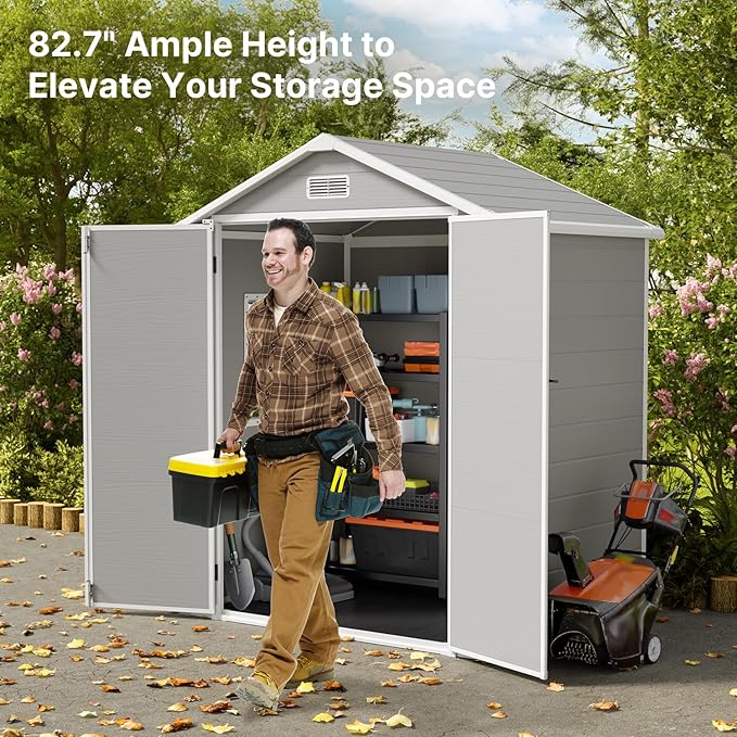 Gizoon 6x4.4 FT Outdoor Storage Shed with Floor, All-Weather Resin Garden Shed with Lockable Doors & Windows, Plastic Tool Sheds for Patio, Lawn & Garden (Grey)