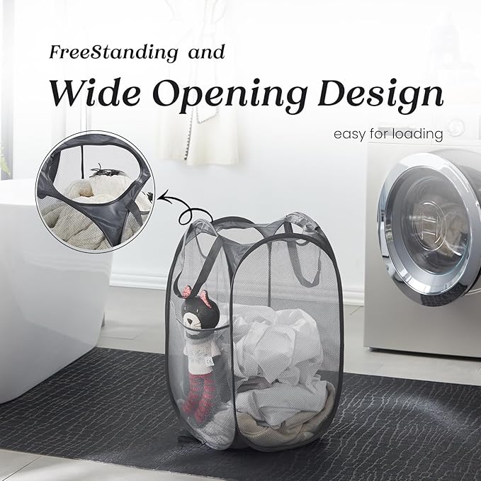 TECHMILLY Collapsible Mesh Pop Up Laundry Hamper with Sturdy Handles and Side Pocket - Portable Foldable Clothes Baskets for Dorm, Bathroom & Travel Storage (Grey, 3 Packs)
