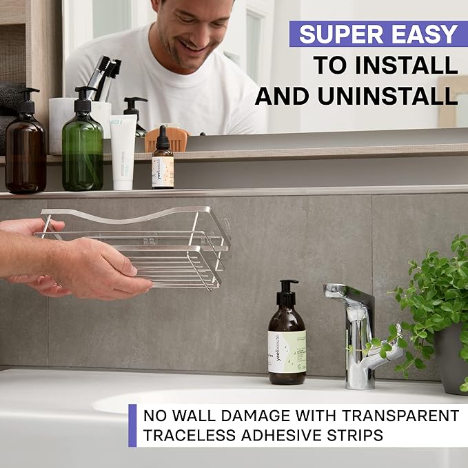 KINCMAX Premium Shower Caddy, Self Adhesive Wall Shower Organizer, 2-Pack No Drill Bathroom Shelves, Rustproof Stainless Steel Shampoo Holder, Storage Rack, Silver