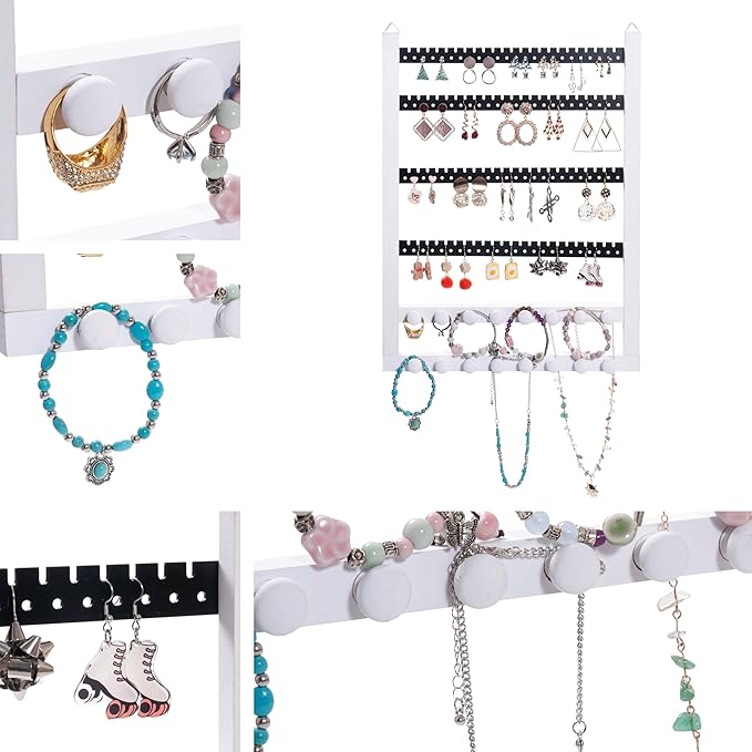 Solid Wood Earring Hanging Jewelry Organizer Wall Mounted Earring Organizer and Necklace Holder- Earring Display for studs, dangling, Necklace, Bracelet, and Rings-White Color