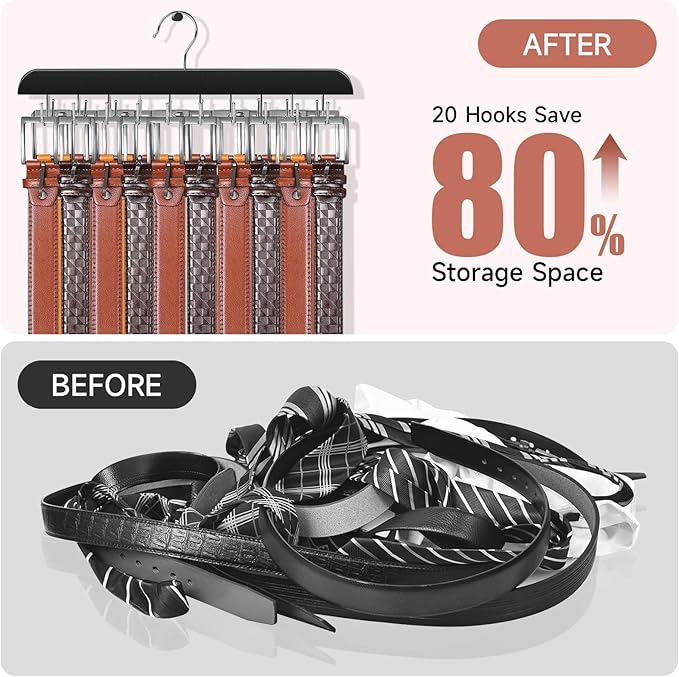 Belt Hanger for Closet, Holds Max 60 Belts, Wooden 20 Hooks Belt Organizer Wardrobe Accessory, 360° Rotatable Belt Storage Hanger Rack Space Saver for Belt, Bra, Tank Top, Tie, Scarf (2)