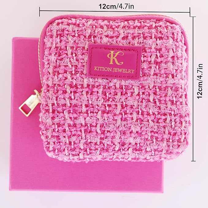 Travel Jewelry Organizer, Tweed Square Bag with 6 Compartments, Pink Zippered Case for Necklaces and Bracelets, Protective Storage Pouch (Hot Pink)