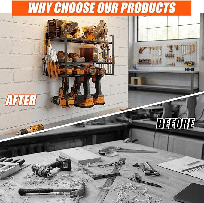 Power Tool Organizer, Wall Mount for 4 Drills, 3 Layer Duty Metal Tool Rack with Screwdriver and Hammer Holder, Work Shop,Garage Storage,150Lbs Load Capacity