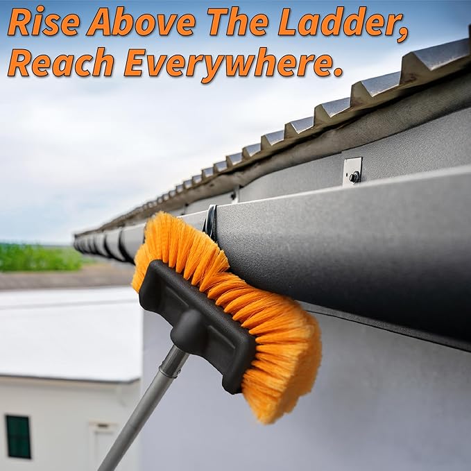 20 Foot Exterior House Cleaning Brush Set with 4-12 ft Extension Pole // Vinyl Siding Brushes with Telescopic Extendable Pole & Window Cleaning Squeegee Tool // The Ultimate Extension Scrub Brush Set