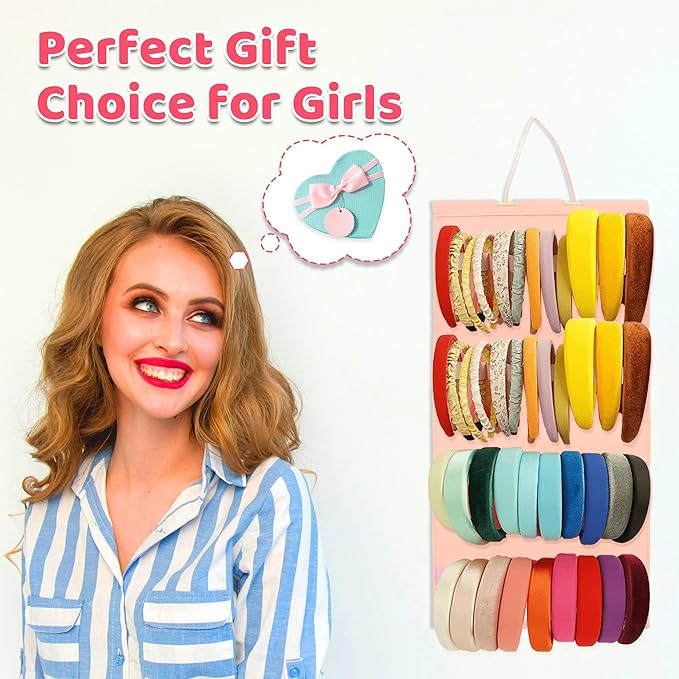 Hanging Headband Holder for Girls Women, Headband Organizer with 40 Elastic Slots, Felt Headband Storage Organizer, Head Band Hair Accessories Organizer (Pink, Without Headbands)