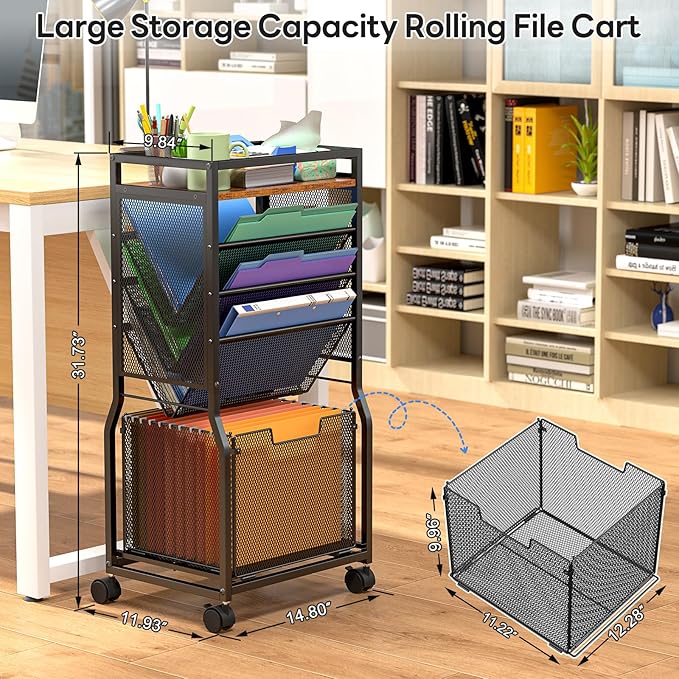 8 Tier Rolling File Cart with Hanging File Folder Organizer, Mobile File Organizer with 2 Sides Access Bookcase, Beside/Under Desk Cart with Wheels for Office Home School