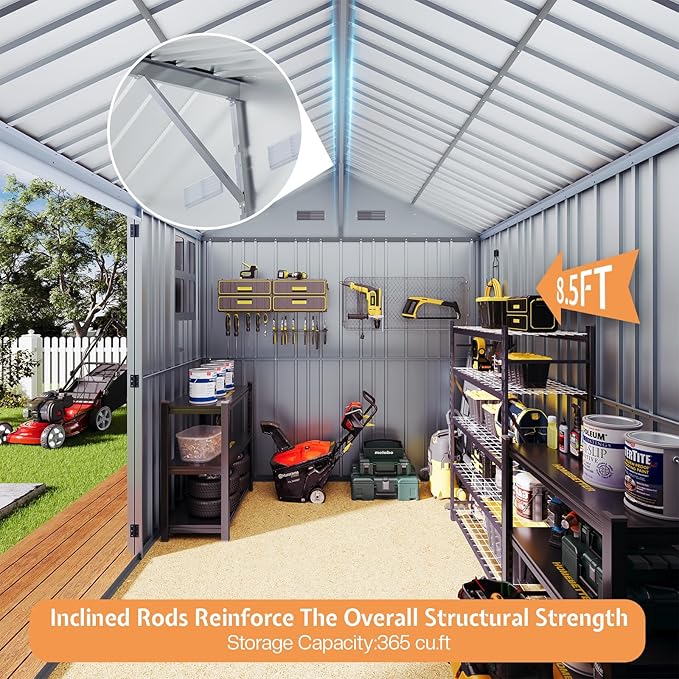VanAcc 8.5x7.1x7.5 FT Galvanized Steel Outdoor Storage Shed, Lockable Double Hinged Doors and 4 Vents, Metal Shed for Backyard Storage, Dark Black/White