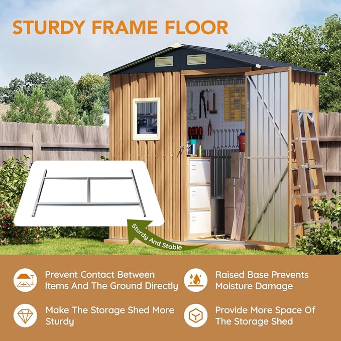 6X4FT Garden Storage Shed with Frame Floor & Lockable Door,Steel Tool Shed with 1 Clear Window, Anti-Corrosion Metal Shed for Backyard Patio Lawn (Light Wood Grain)