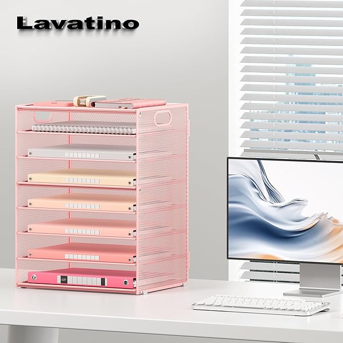 Lavatino 2 Pack 8-Tier Office Desk File Organizer, Letter Tray Paper Organizer with Handle, Including 5 Adjustable Slide Trays for Organizing Desk Workspace Accessories and Supplies (Pink Mesh)