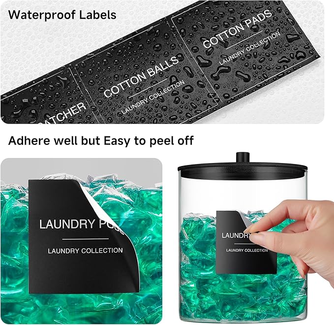 TIPGO Laundry Pods Container with 27 Labels, Glass Jars for Laundry Room Organization, Detergent Holder with Bamboo Lid, Cute Storage Jars, Black (Set of 1)