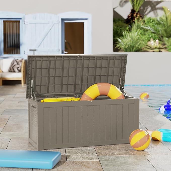 270 Gallon Lockable Resin Outdoor Storage Box, Waterproof & Weather Resistant Deck Box for Patio Cushion, Garden Tools & Pool Accessories, Grey