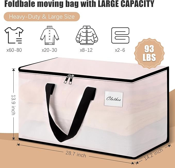 Heavy Duty Moving Bags - Extra Large Packing Bags and Storage Totes, Collapsible and Foldable Option for Moving and Storage, Clear, 93 L - 12 Pack
