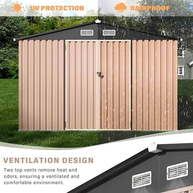 8x10 FT Metal Outdoor Storage Shed with Sloped Roof & Lockable Door, Large Garden Tool Shed for Backyard Patio Lawn, Weatherproof Utility Shed with Air Vents, Dark Brown