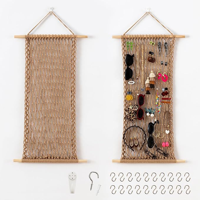 Pretty Jolly Hanging Jewelry Mesh Organizer Macrame Wall Mounted Necklaces Storage Earring Display Rack Girls Hair Clips Hanger with 20 Pieces S Shape Hooks for Bracelets,Necklace and Rings(Twine)