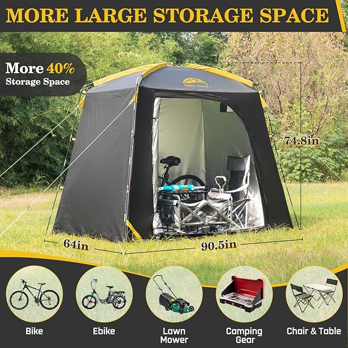 Happy Travel Bike Storage Shed Tent, Waterproof Portable Bike Cover with 40% More Top Space for 2/3/4/5 Bikes,Clips Easy Setup Sheds Shelter with Lockable Bicycle Design for Garden Tools, Lawn Mower