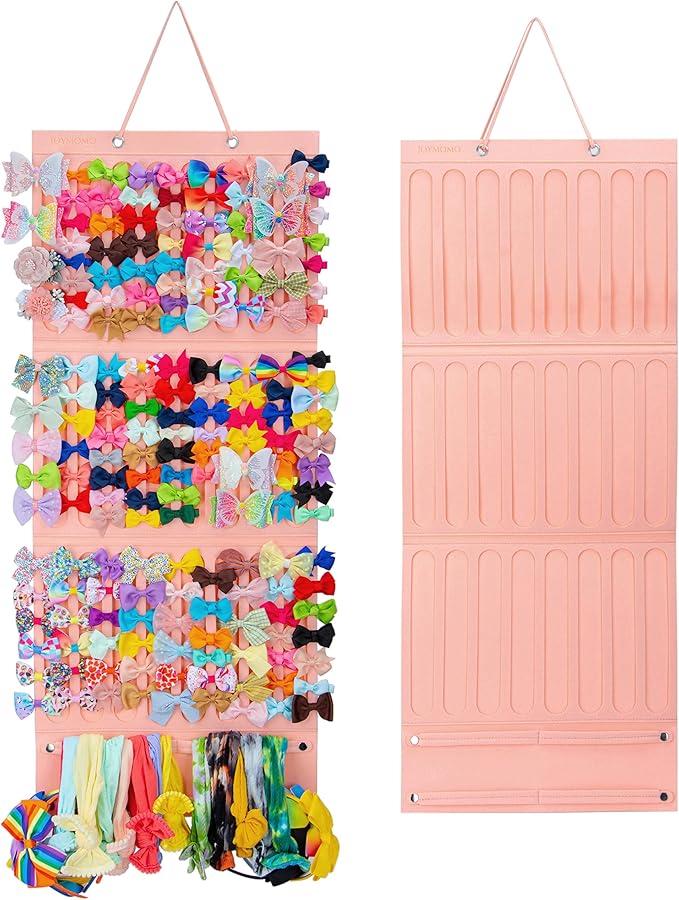 Girly Pink Hair Accessory Organizer - Holder for Girls' Hair Bows, Clips, Ties & Scrunchies - Foldable Wall Mount Storage Caddy