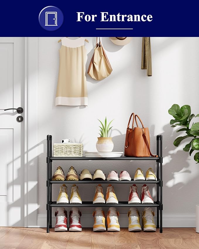 Kitsure Shoe Rack - 3-Tier Shoe Organizer, Shoe Rack for Closet, Entryway, Bedroom, Easy- Assembly Storage Shelf with Side Handles, 27.6" Wide - 3 Tiers, Black