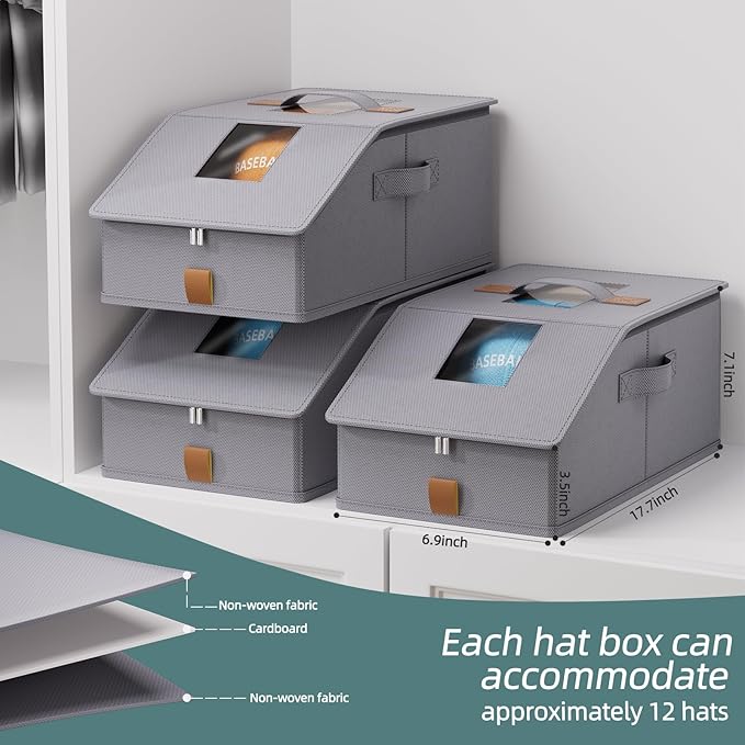 FHSQX 3PCS Hat Organizer for Baseball Caps Stackable Storage Bins With Clear Window Lid Holds Up To 36 Caps Space-Saving Hat Boxes for Closet (Deep Grey, (17.7 * 9.1 * 7.1in)*3)