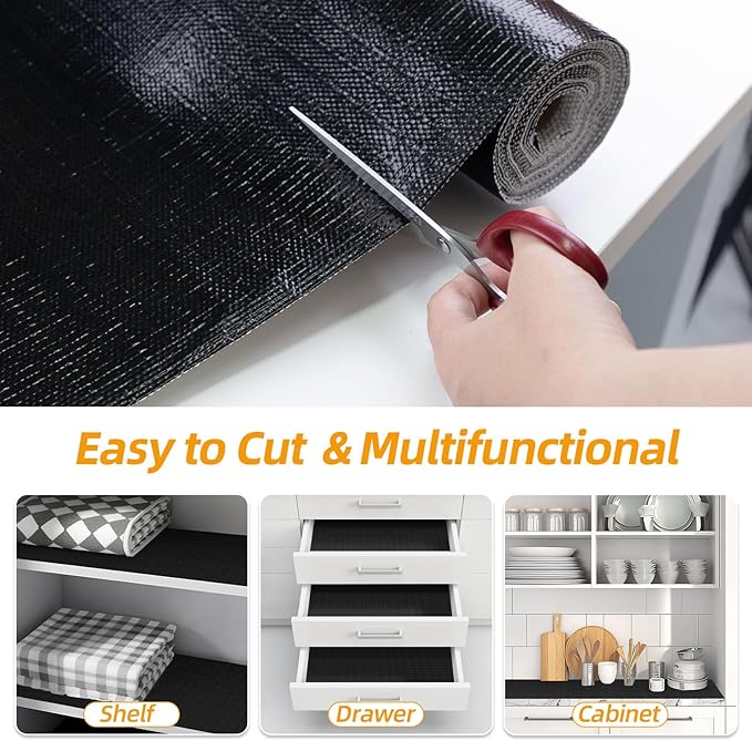 Shelf and Drawer Liner for Kitchen Cabinets Non-Adhesive, Strong Grip Non-Slip Thickened Cabinet Liners for Shelves, Waterproof Mats for Dresser Cupboard, Black, 17 in x 10 Feet