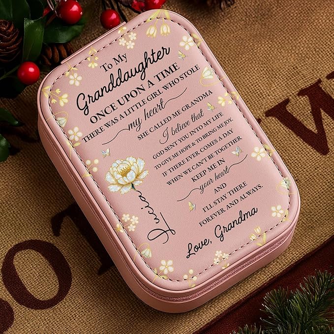 To My Granddaughter, Once Upon A Time, Custom Jewelry Box, Gift For Granddaughters, Personalized Birth Month Flower Travel Jewelry Organizer Gift for Daughters Sisters on Birthday Christmas Graduation