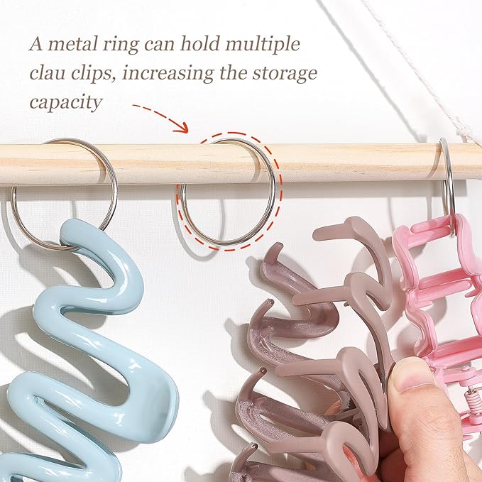 SNOWSTAR Macrame Hair Claw Clip Organizer with 30 Metal Rings,Hanging Hair Clip Holder and Storage for Women Girls,Claw Clips Hanger Home Decor for Wall,Door,Closet