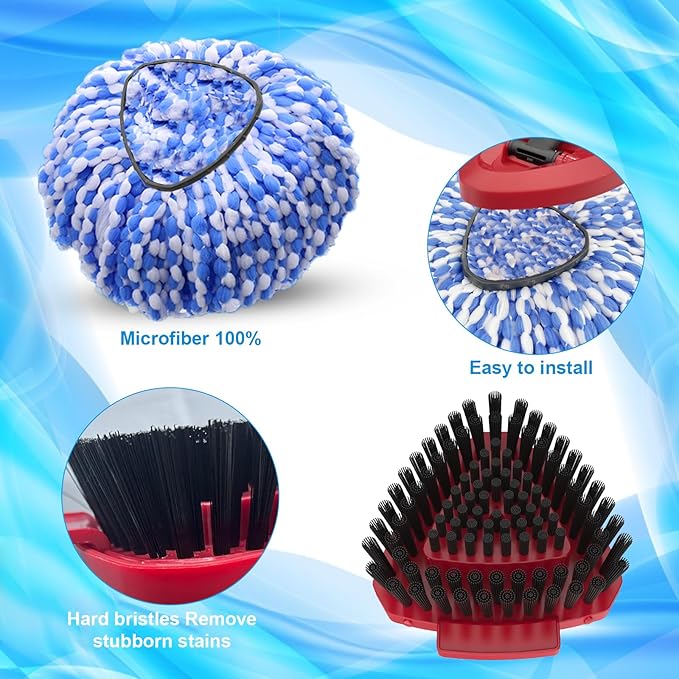 2 Pack Spin Mop Heads Replacement Compatible with O Cedar RinseClean 2 Tank, Upgraded Scrub Brush,4 Section Mop Handle and 1 Base Combo Set, Microfiber Replace Head Refill