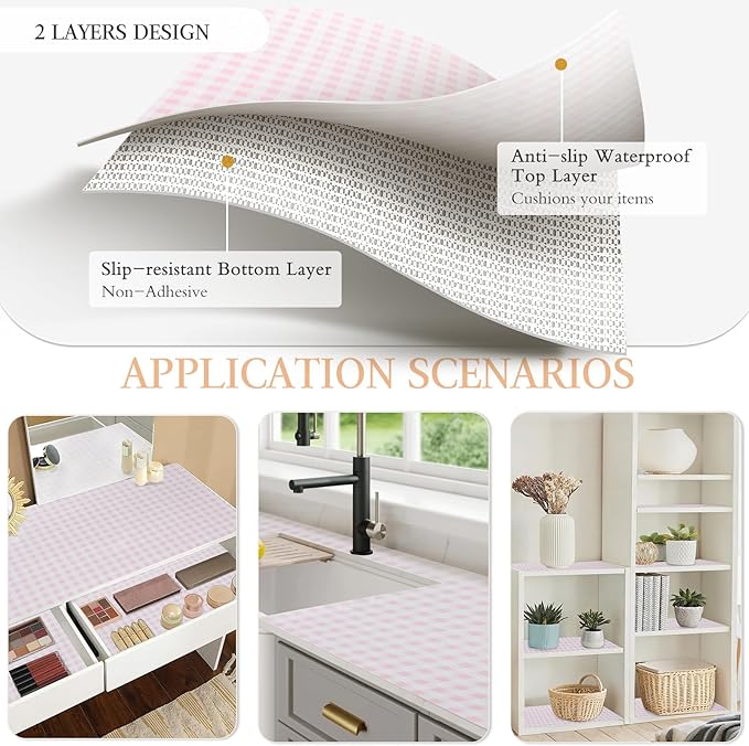 Beautysaid Shelf and Drawer Liner for Kitchen Cabinet, Non Adhesive Non Slip Shelf Paper Waterproof Washable Thickened for Dresser Pantry Shelve Bathroom Protector Liner(Pink Checkered,18 in x 10 FT)