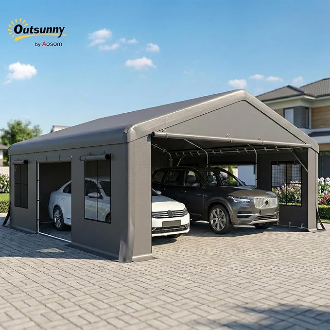 Outsunny 20' x 20' Heavy Duty Carport, Portable Garage Car Canopy Tent with Reinforced Galvanized Frame, 3 Roll-up Doors, 4 Mesh Windows for Cars, Trucks, Boats, Motorcycle, Bike, Dark Gray