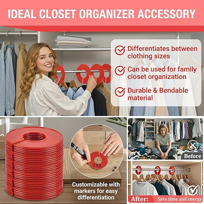 Sukh Closet Dividers 30pcs - Plastic Clothes Organizer Shelf Tags Labels for Clothing Rack Wardrobe Store Warehouse Nursery Must Haves Boutique Supplies Sturdy Durable Flexible No Burrs (Red)