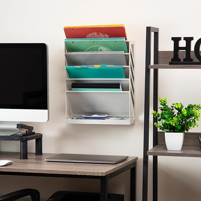 Mind Reader 5-Tier Vertical File Storage, Desktop Organizer, Wall Mount, Office, Plastic, 13"L x 4.25"W x 16"H, Beige
