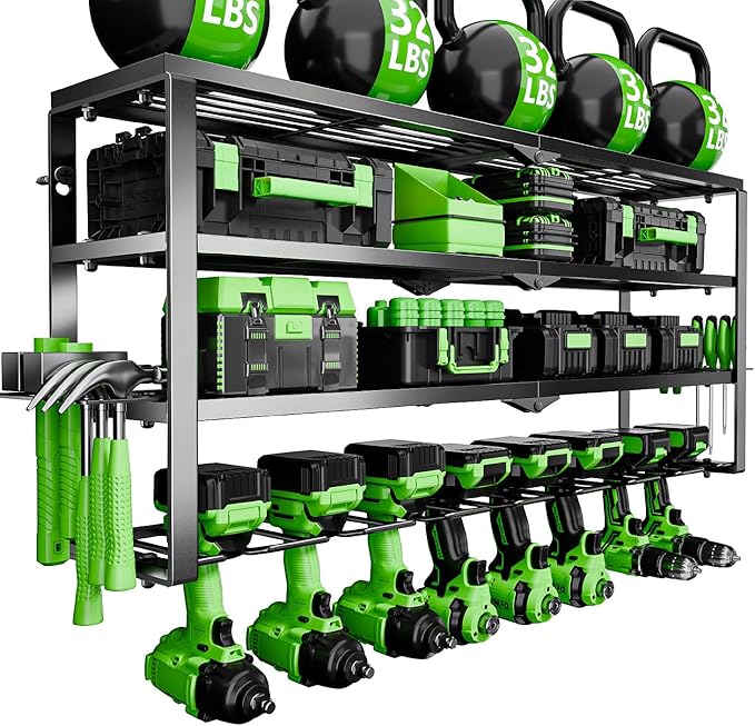 Power Tool Organizer Wall Mount, 4 Layers Tool Storage Rack with 8 Cordless Drill Holders, Power Tool Shelf Loads 400lbs for Garage, Warehouse, Workshop, Gifts for Men, Husband