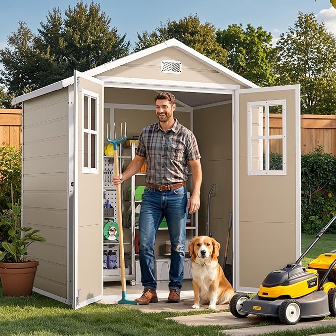 DWVO 6x4.4ft Outdoor Storage Shed, Plastic Garden Tool Shed with 2 Vision Windows, Double-Wall Outside Shed for Mower Lawn, Garden Tool for Backyard Lawn Patio, Lockable, Beige