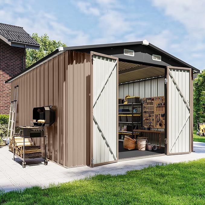 10x12 FT Outdoor Storage Shed with Floor & Lockable Double Doors, Heavy-Duty Galvanized Steel Outdoor Metal Shed for Bike, Tool, Generator Storage in Backyard, Patio (10’x12’, Floor)