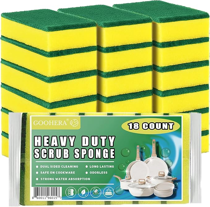 Heavy Duty Scrub Sponge for Cookware, Dual-Sided Cleaning Pot Scrubber, Odorless, Long-Lasting, Kitchen and Dishwashing Essential, Large & Thick 4 x 2.8 x 1.5 Inches, 18 Pack